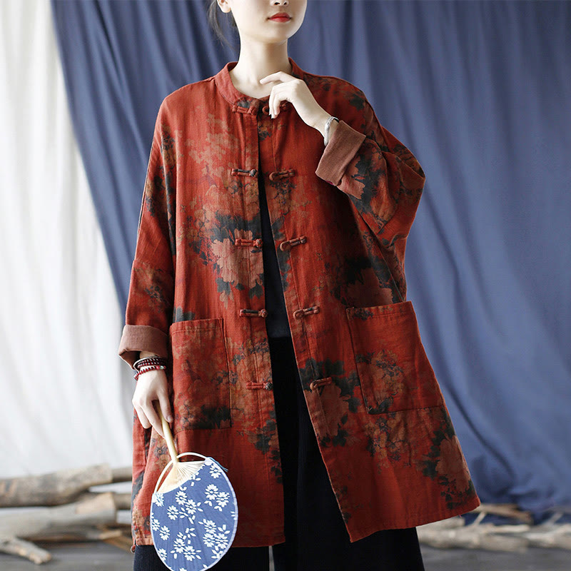 Buddha Stones Orange Peony Flower Frog-Button Open Front Jacket With Pockets - image 24