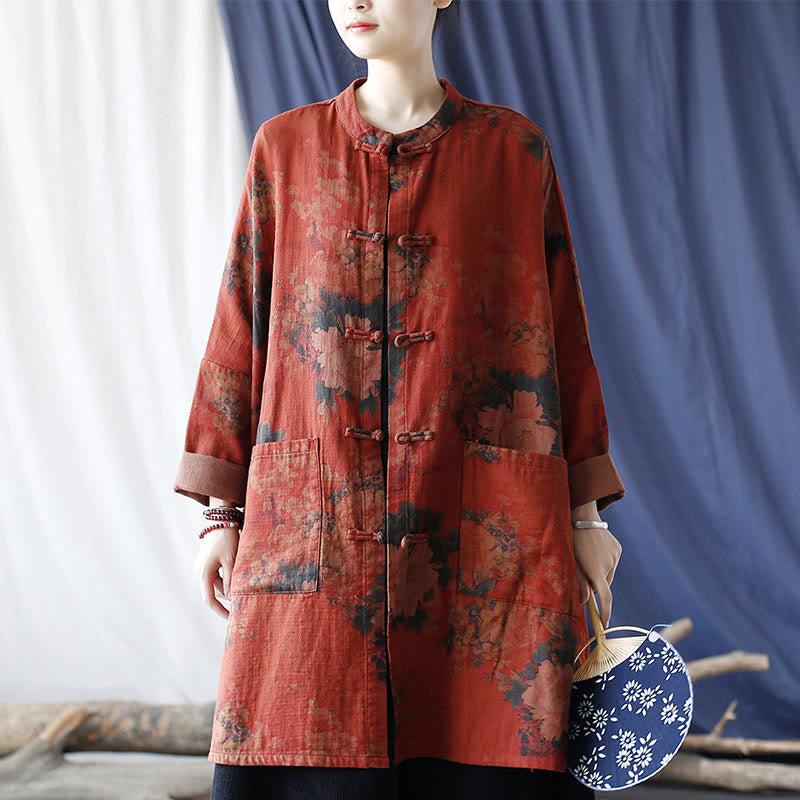 Buddha Stones Orange Peony Flower Frog-Button Open Front Jacket With Pockets - image 25