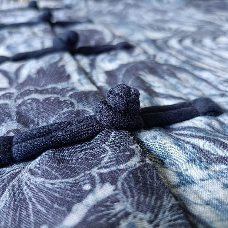 Buddha Stones Retro Blue White Flowers Frog-Button Design Long Sleeve Ramie Linen Jacket Shirt - image 9