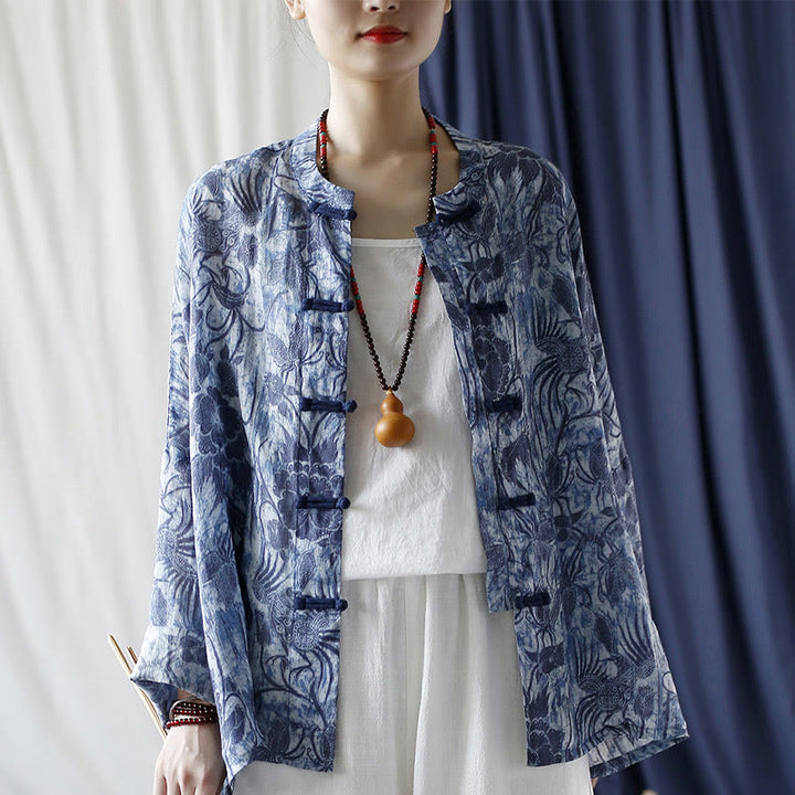 Buddha Stones Retro Blue White Flowers Frog-Button Design Long Sleeve Ramie Linen Jacket Shirt - image 16