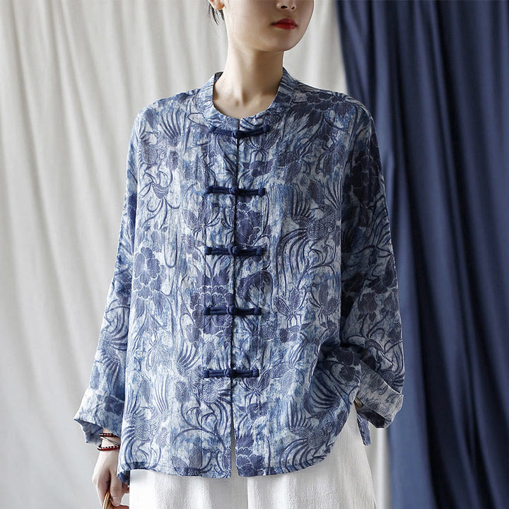 Buddha Stones Retro Blue White Flowers Frog-Button Design Long Sleeve Ramie Linen Jacket Shirt - US4-16，UK/AU8-20，EU36-48 (F)(Jacket Only) - image 0