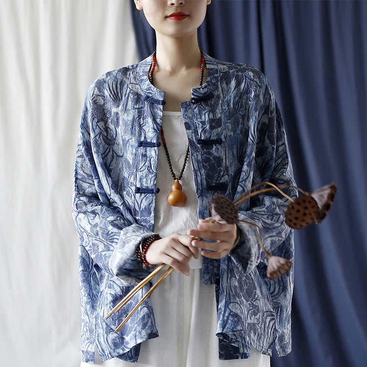 Buddha Stones Retro Blue White Flowers Frog-Button Design Long Sleeve Ramie Linen Jacket Shirt - image 19