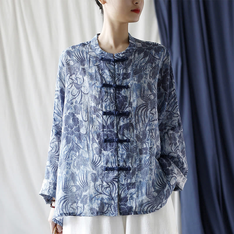 Buddha Stones Retro Blue White Flowers Frog-Button Design Long Sleeve Ramie Linen Jacket Shirt - image 28