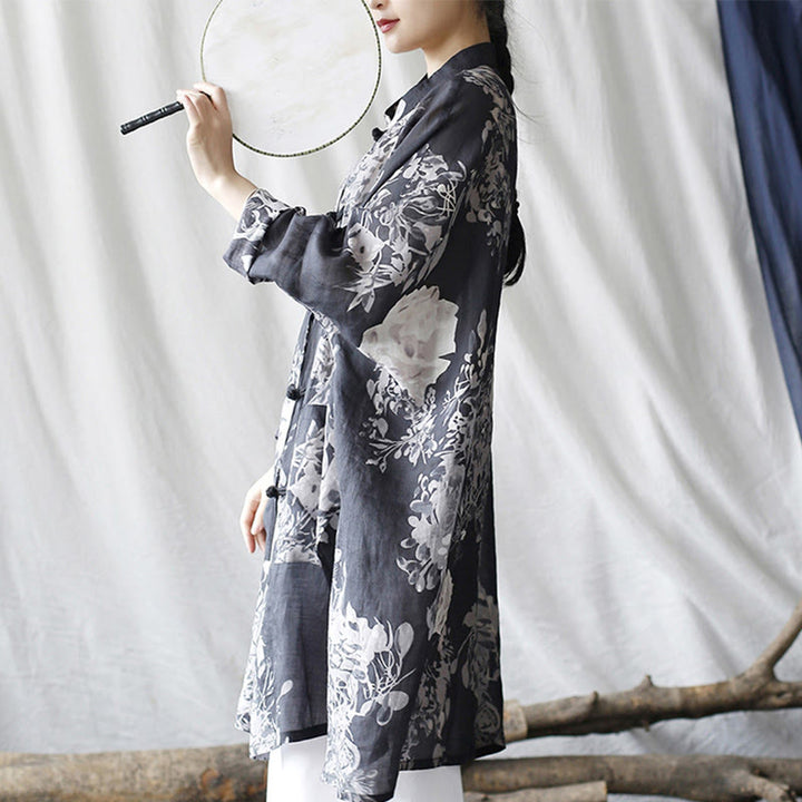 Buddha Stones Blue White Flowers Frog-Button Long Sleeve Ramie Linen Jacket Shirt With Pockets - image 2