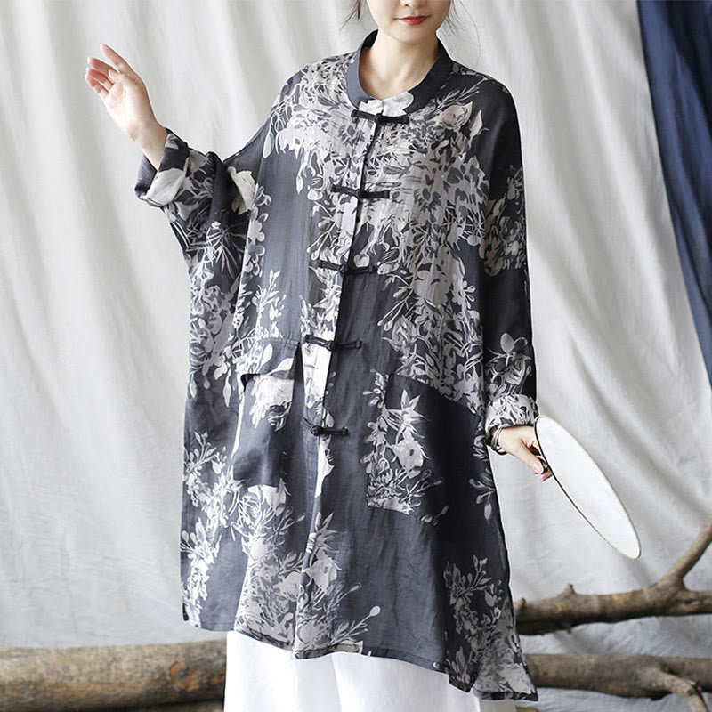 Buddha Stones Blue White Flowers Frog-Button Long Sleeve Ramie Linen Jacket Shirt With Pockets - image 7