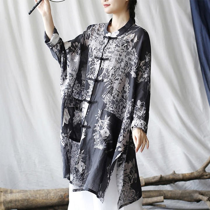 Buddha Stones Blue White Flowers Frog-Button Long Sleeve Ramie Linen Jacket Shirt With Pockets - image 4