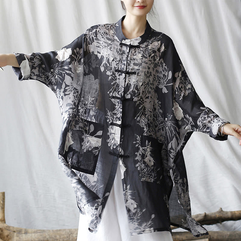 Buddha Stones Blue White Flowers Frog-Button Long Sleeve Ramie Linen Jacket Shirt With Pockets - image 5