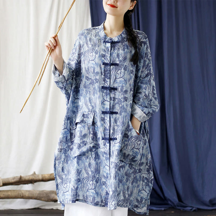Buddha Stones Blue Flowers Butterfly Frog-Button Long Sleeve Ramie Linen Jacket Shirt With Pockets - F(Bust 168cm/Shoulder 98cm/Length 93cm)(Jacket Only) - image 0