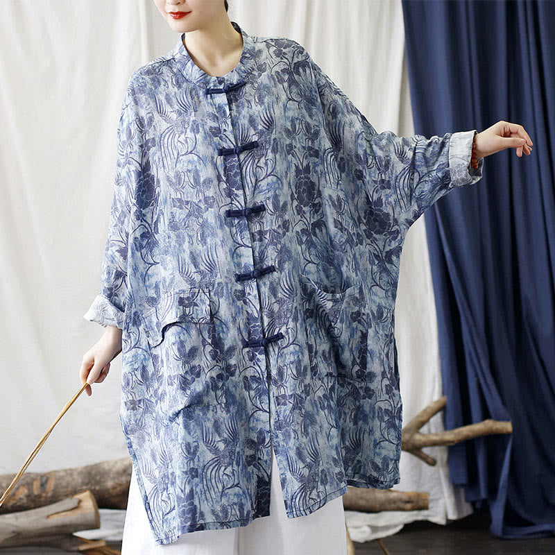 Buddha Stones Blue Flowers Butterfly Frog-Button Long Sleeve Ramie Linen Jacket Shirt With Pockets - image 6