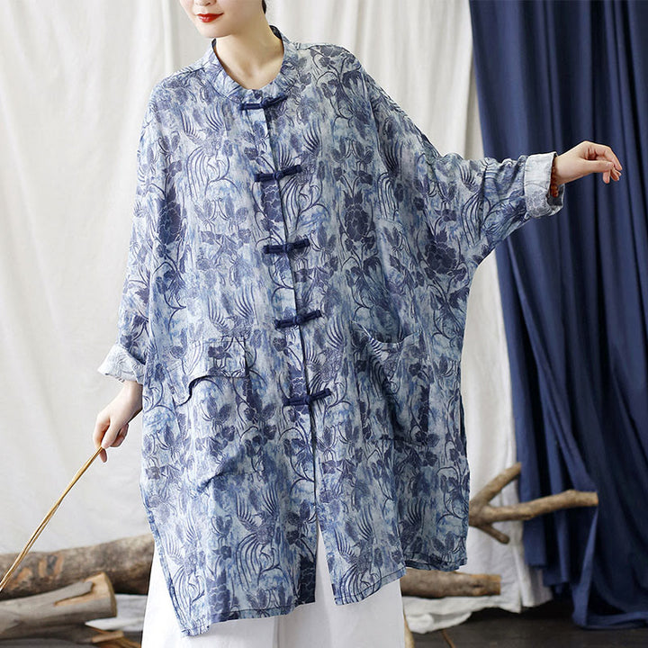 Buddha Stones Blue Flowers Butterfly Frog-Button Long Sleeve Ramie Linen Jacket Shirt With Pockets - image 6