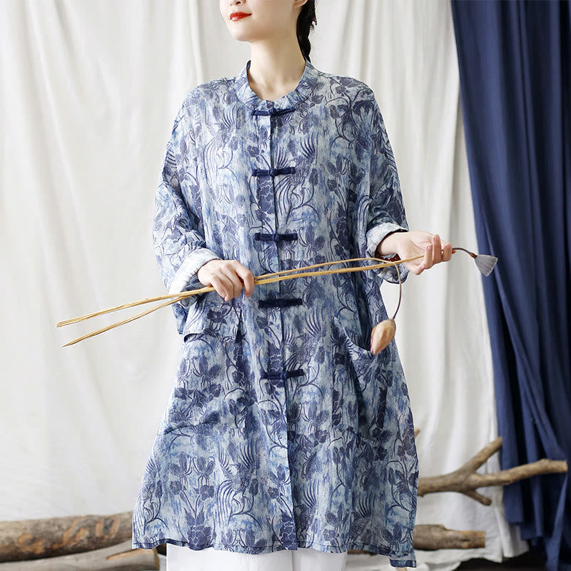 Buddha Stones Blue Flowers Butterfly Frog-Button Long Sleeve Ramie Linen Jacket Shirt With Pockets - image 5