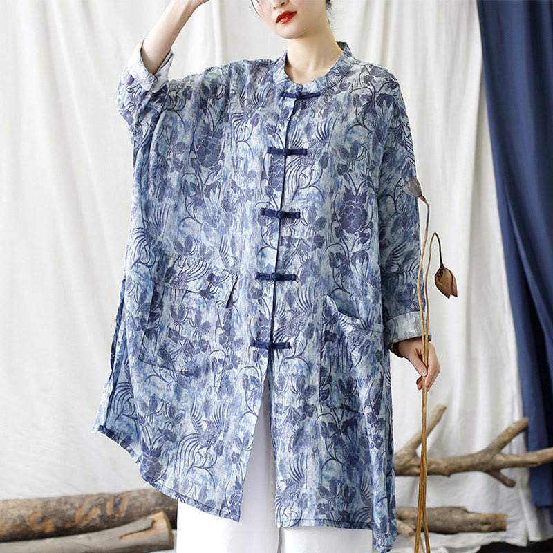 Buddha Stones Blue Flowers Butterfly Frog-Button Long Sleeve Ramie Linen Jacket Shirt With Pockets - image 8