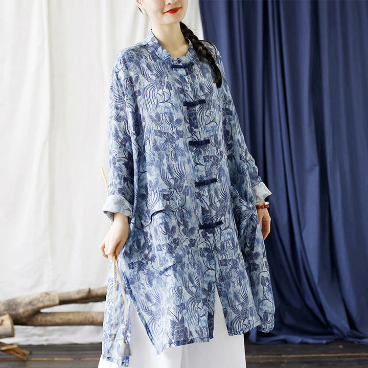Buddha Stones Blue Flowers Butterfly Frog-Button Long Sleeve Ramie Linen Jacket Shirt With Pockets - image 4