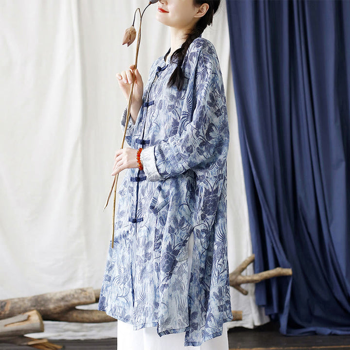 Buddha Stones Blue Flowers Butterfly Frog-Button Long Sleeve Ramie Linen Jacket Shirt With Pockets - image 7