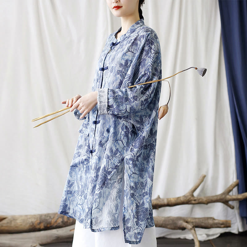 Buddha Stones Blue Flowers Butterfly Frog-Button Long Sleeve Ramie Linen Jacket Shirt With Pockets - image 3
