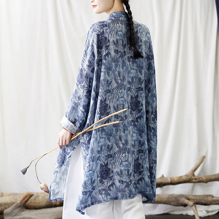 Buddha Stones Blue Flowers Butterfly Frog-Button Long Sleeve Ramie Linen Jacket Shirt With Pockets - image 2