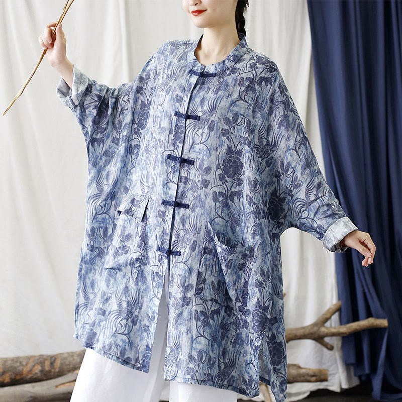 Buddha Stones Blue Flowers Butterfly Frog-Button Long Sleeve Ramie Linen Jacket Shirt With Pockets - image 1