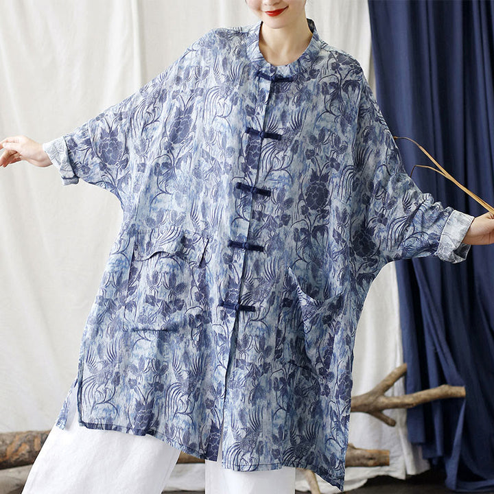 Buddha Stones Blue Flowers Butterfly Frog-Button Long Sleeve Ramie Linen Jacket Shirt With Pockets - image 9