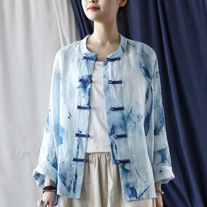Buddha Stones Tie Dye Blue Flowers Frog-Button Design Long Sleeve Ramie Linen Jacket Shirt - image 16