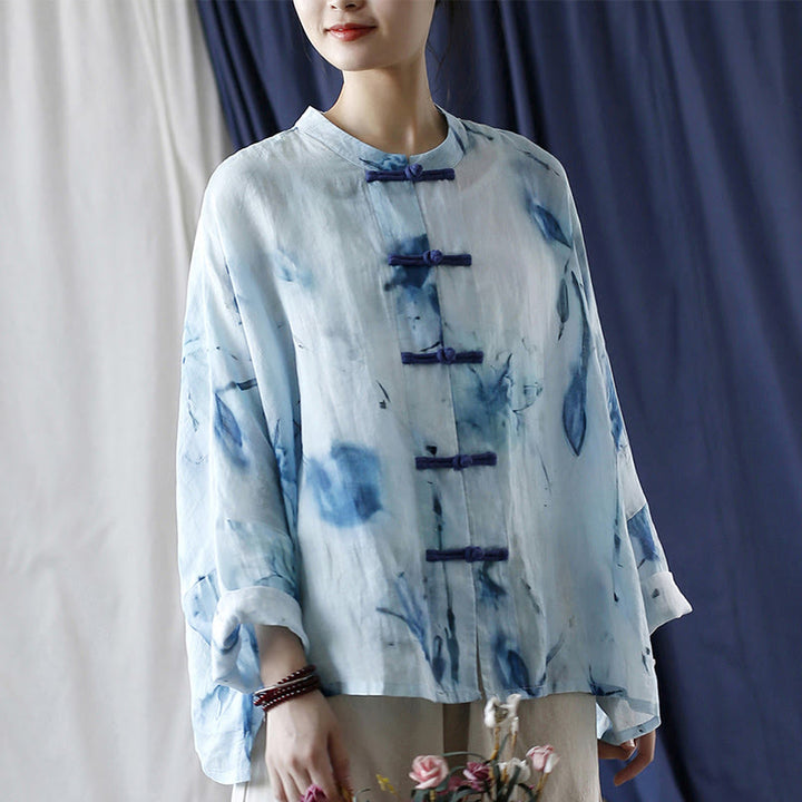 Buddha Stones Tie Dye Blue Flowers Frog-Button Design Long Sleeve Ramie Linen Jacket Shirt - image 9