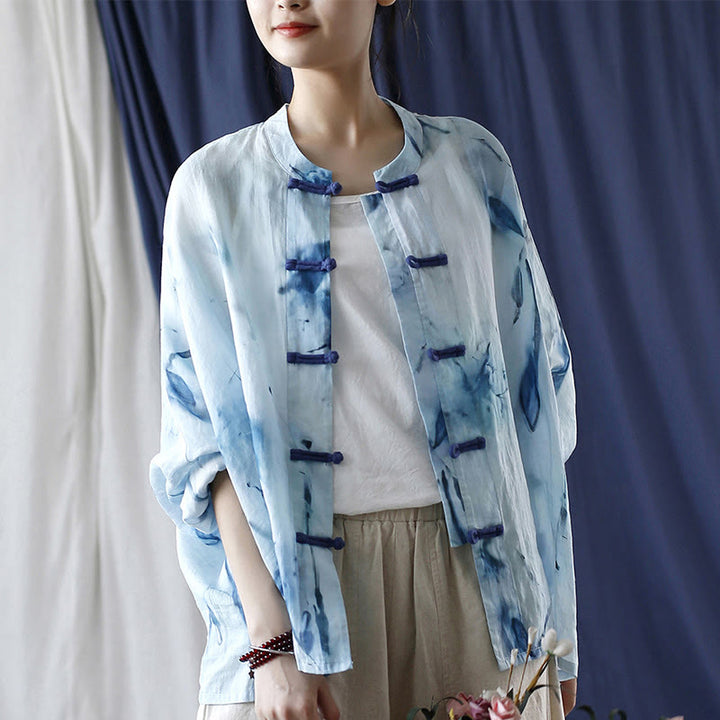 Buddha Stones Tie Dye Blue Flowers Frog-Button Design Long Sleeve Ramie Linen Jacket Shirt - image 15