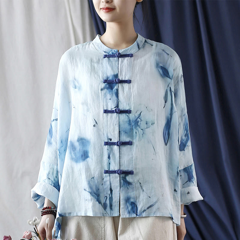 Buddha Stones Tie Dye Blue Flowers Frog-Button Design Long Sleeve Ramie Linen Jacket Shirt - image 8