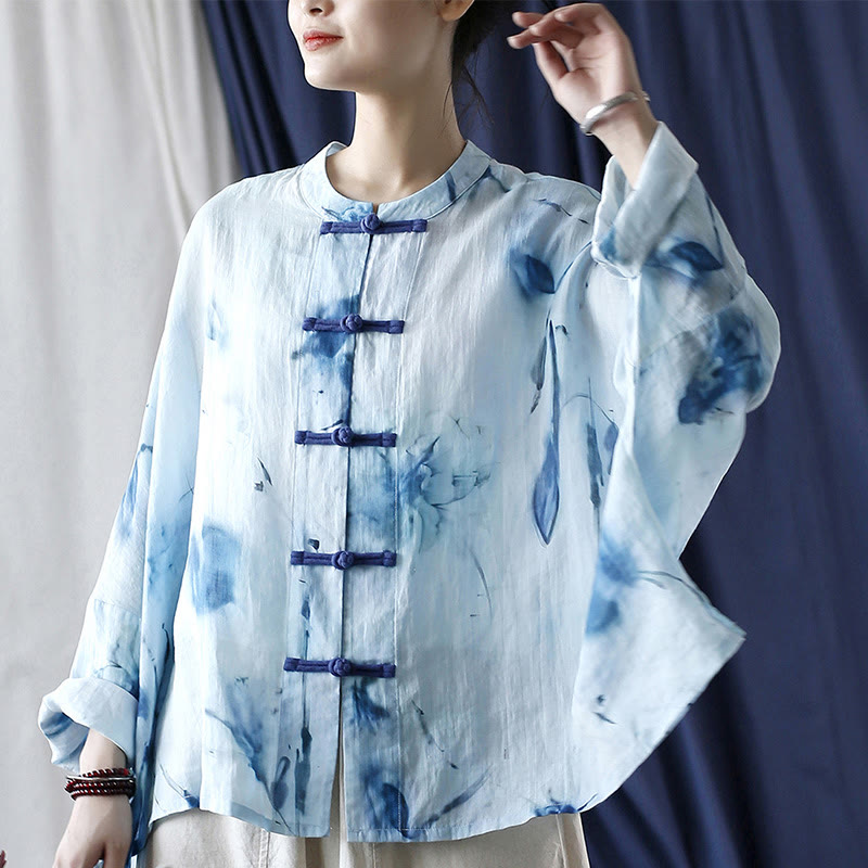 Buddha Stones Tie Dye Blue Flowers Frog-Button Design Long Sleeve Ramie Linen Jacket Shirt - image 6