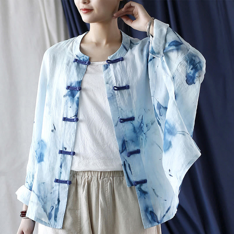 Buddha Stones Tie Dye Blue Flowers Frog-Button Design Long Sleeve Ramie Linen Jacket Shirt - image 21