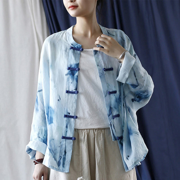 Buddha Stones Tie Dye Blue Flowers Frog-Button Design Long Sleeve Ramie Linen Jacket Shirt - image 17