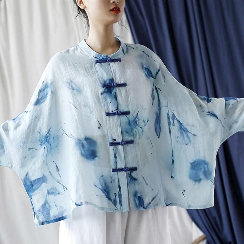 Buddha Stones Tie Dye Blue Flowers Frog-Button Design Long Sleeve Ramie Linen Jacket Shirt - image 20