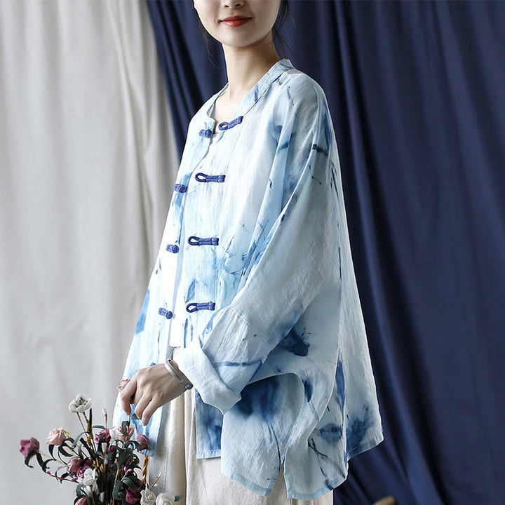 Buddha Stones Tie Dye Blue Flowers Frog-Button Design Long Sleeve Ramie Linen Jacket Shirt - image 2