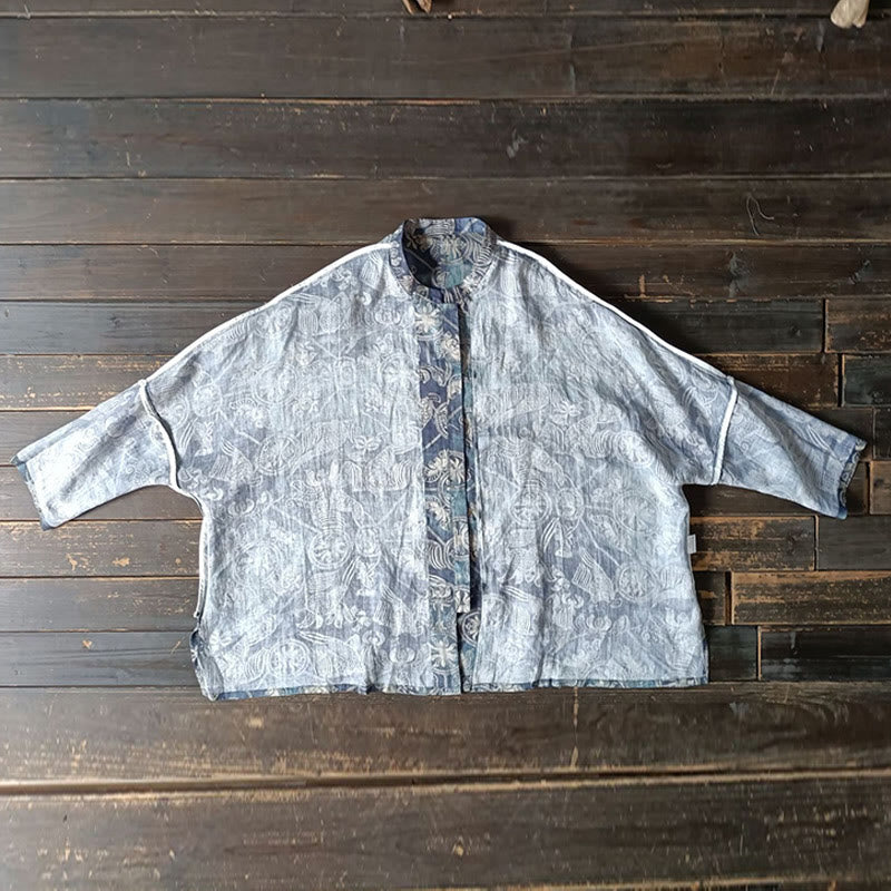 Buddha Stones Birds Flowers Geometry Frog-Button Long Sleeve Ramie Linen Jacket Shirt - image 15