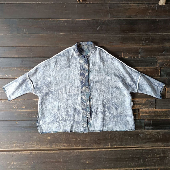Buddha Stones Birds Flowers Geometry Frog-Button Long Sleeve Ramie Linen Jacket Shirt - image 15