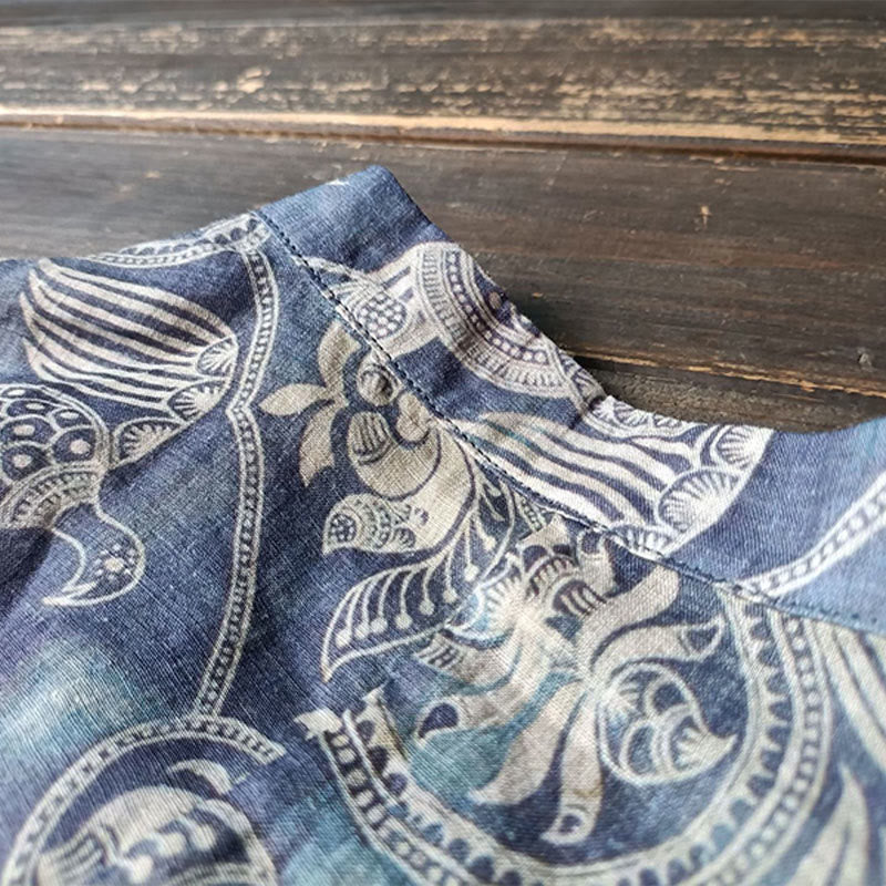 Buddha Stones Birds Flowers Geometry Frog-Button Long Sleeve Ramie Linen Jacket Shirt - image 10