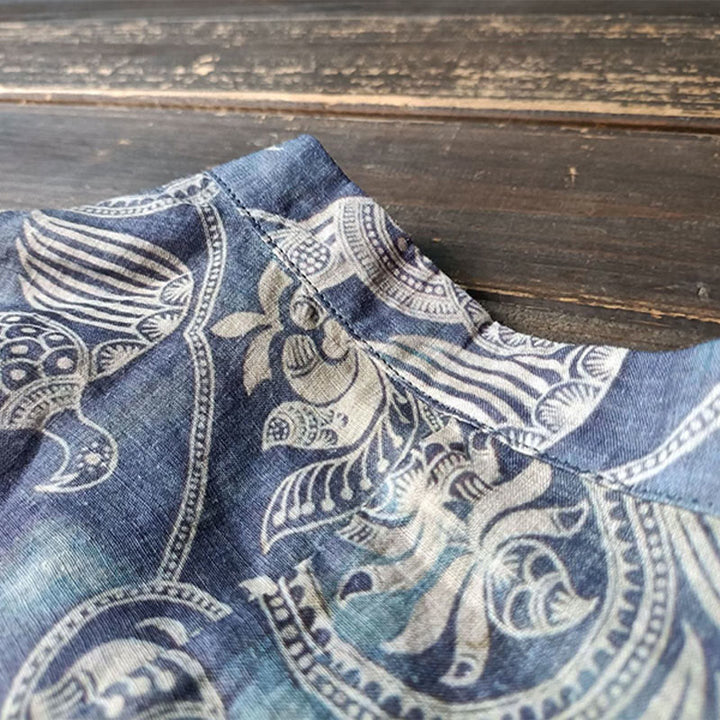 Buddha Stones Birds Flowers Geometry Frog-Button Long Sleeve Ramie Linen Jacket Shirt - image 10
