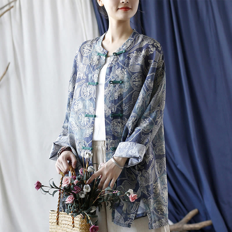 Buddha Stones Birds Flowers Geometry Frog-Button Long Sleeve Ramie Linen Jacket Shirt - image 19