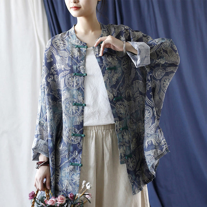 Buddha Stones Birds Flowers Geometry Frog-Button Long Sleeve Ramie Linen Jacket Shirt - image 20