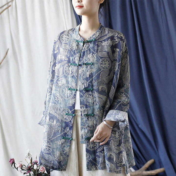 Buddha Stones Birds Flowers Geometry Frog-Button Long Sleeve Ramie Linen Jacket Shirt - F(Bust 174cm/Shoulder 99cm/Length 76cm)(Jacket Only) - image 0