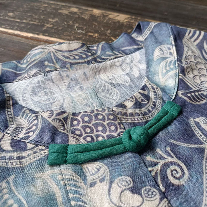 Buddha Stones Birds Flowers Geometry Frog-Button Long Sleeve Ramie Linen Jacket Shirt - image 9