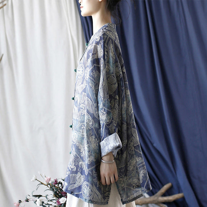 Buddha Stones Birds Flowers Geometry Frog-Button Long Sleeve Ramie Linen Jacket Shirt - image 2