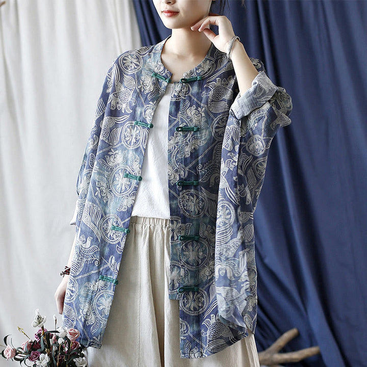Buddha Stones Birds Flowers Geometry Frog-Button Long Sleeve Ramie Linen Jacket Shirt - image 4