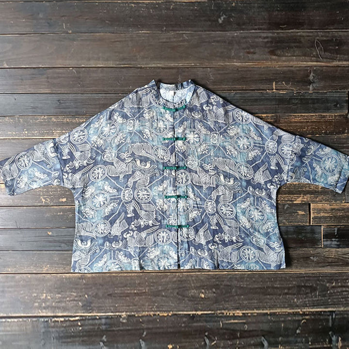 Buddha Stones Birds Flowers Geometry Frog-Button Long Sleeve Ramie Linen Jacket Shirt - image 14