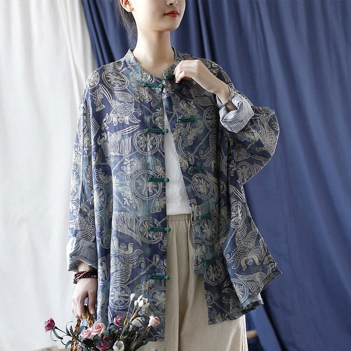 Buddha Stones Birds Flowers Geometry Frog-Button Long Sleeve Ramie Linen Jacket Shirt - image 23