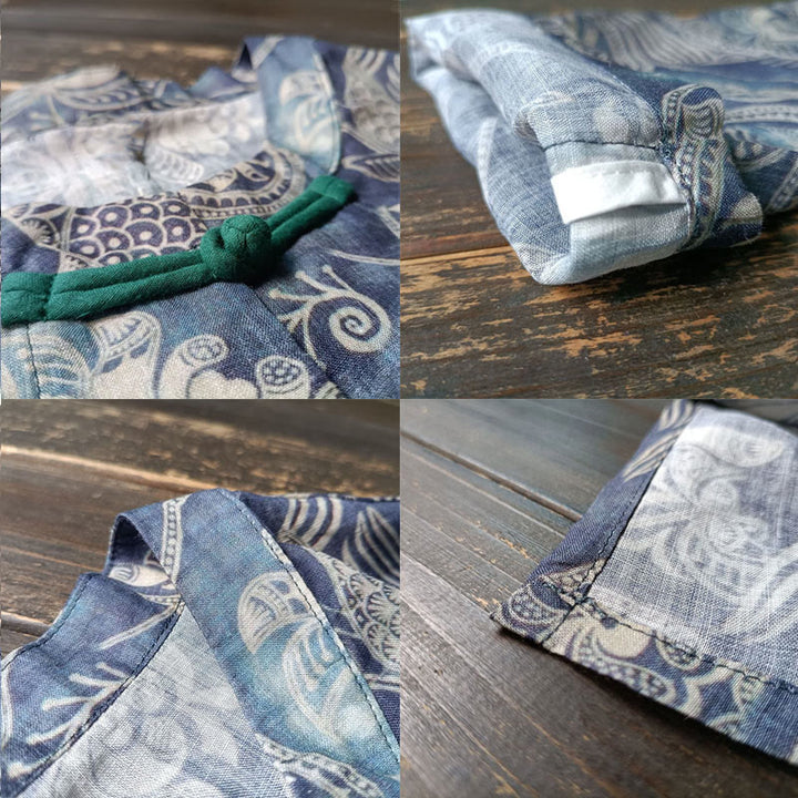 Buddha Stones Birds Flowers Geometry Frog-Button Long Sleeve Ramie Linen Jacket Shirt - image 6