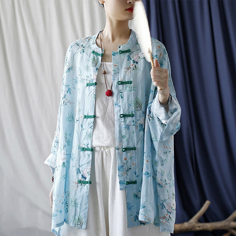 Buddha Stones Light Green Pink Flowers Green Leaves Frog-Button Long Sleeve Ramie Linen Jacket Shirt - image 4