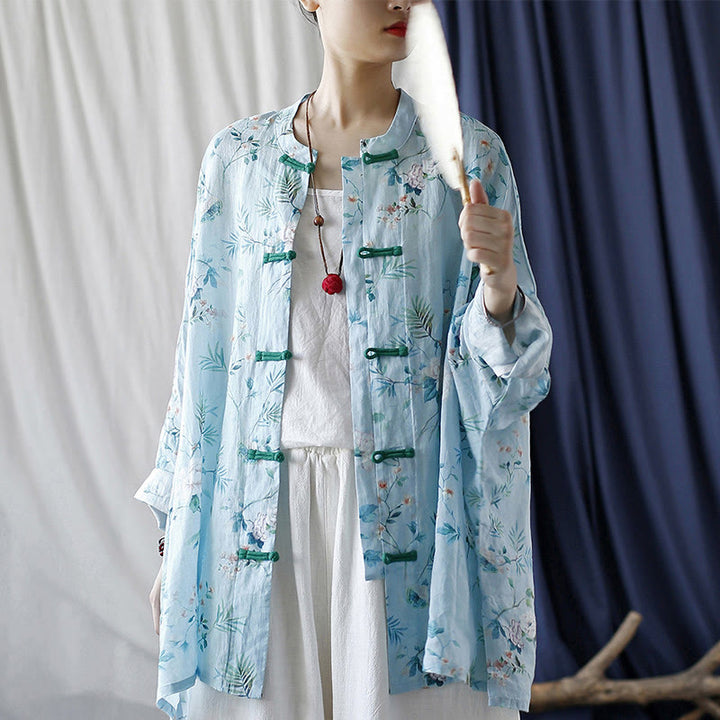 Buddha Stones Light Green Pink Flowers Green Leaves Frog-Button Long Sleeve Ramie Linen Jacket Shirt - image 4