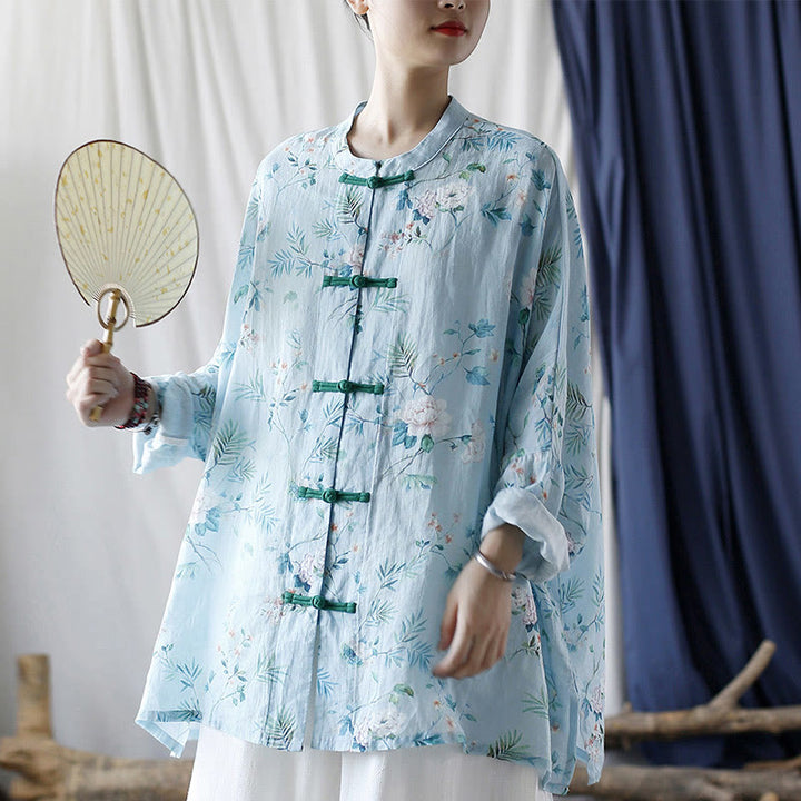 Buddha Stones Light Green Pink Flowers Green Leaves Frog-Button Long Sleeve Ramie Linen Jacket Shirt - image 20