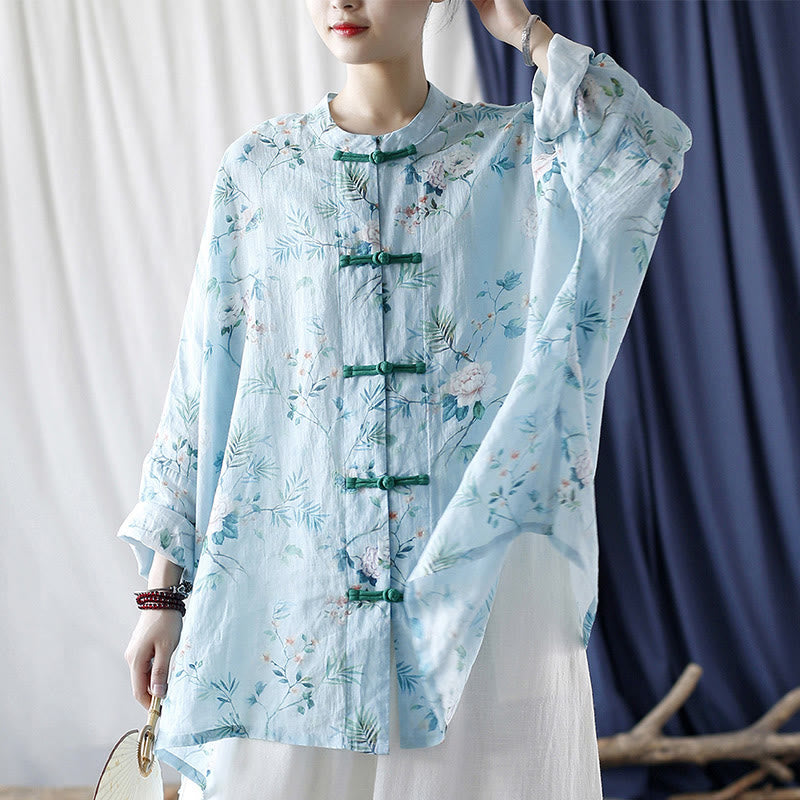 Buddha Stones Light Green Pink Flowers Green Leaves Frog-Button Long Sleeve Ramie Linen Jacket Shirt - image 8