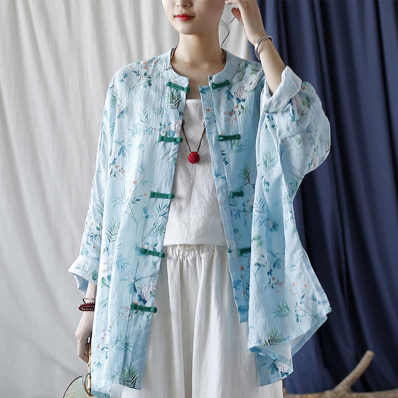 Buddha Stones Light Green Pink Flowers Green Leaves Frog-Button Long Sleeve Ramie Linen Jacket Shirt - image 18