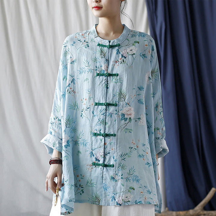 Buddha Stones Light Green Pink Flowers Green Leaves Frog-Button Long Sleeve Ramie Linen Jacket Shirt - image 19